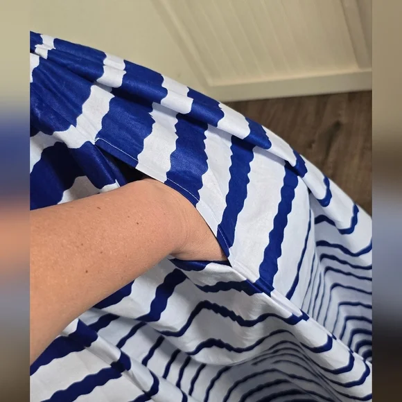 NF Striped 100% Cotton Box Pleated Maxi Skirt Blue/ White One Size Whit Pockets - Picture 4 of 16